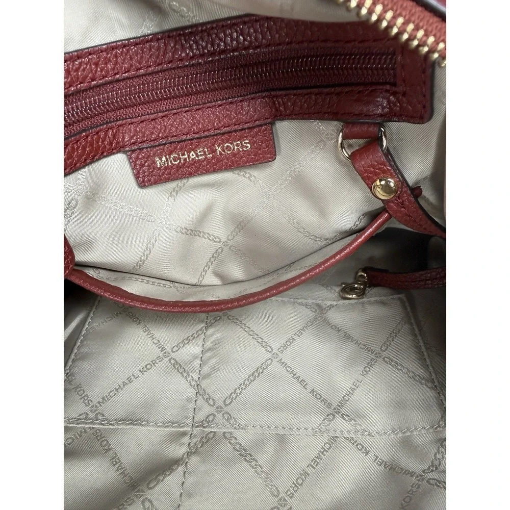 Michael Kors Bedford Pebbled Leather Satchel Crossbody Bag Oxblood Burgundy Gold